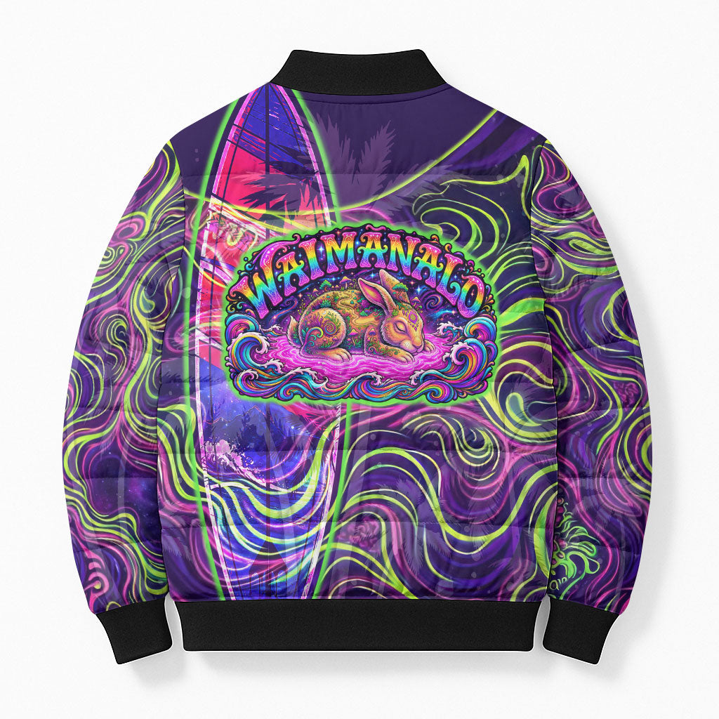 Waimanalo Hawaii Sun Rabbit Bomber Puffer Jacket Psychedelic Trippy Neon Swirl Graphic