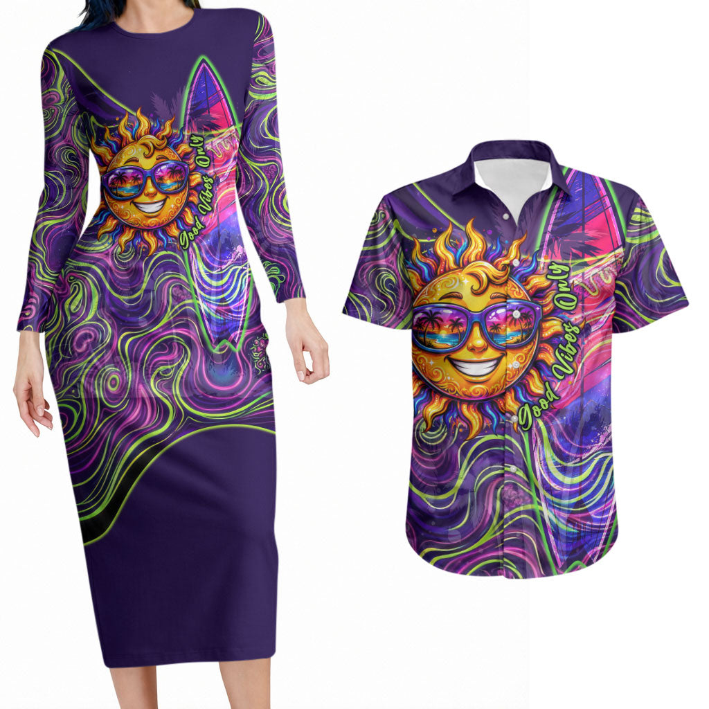 Waimanalo Hawaii Sun Rabbit Couples Matching Long Sleeve Bodycon Dress and Hawaiian Shirt Psychedelic Trippy Neon Swirl Graphic TS04 Purple Green - Polynesian Pride