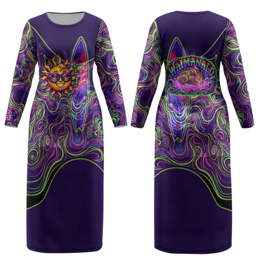 Waimanalo Hawaii Sun Rabbit Couples Matching Long Sleeve Bodycon Dress and Hawaiian Shirt Psychedelic Trippy Neon Swirl Graphic TS04 - Polynesian Pride