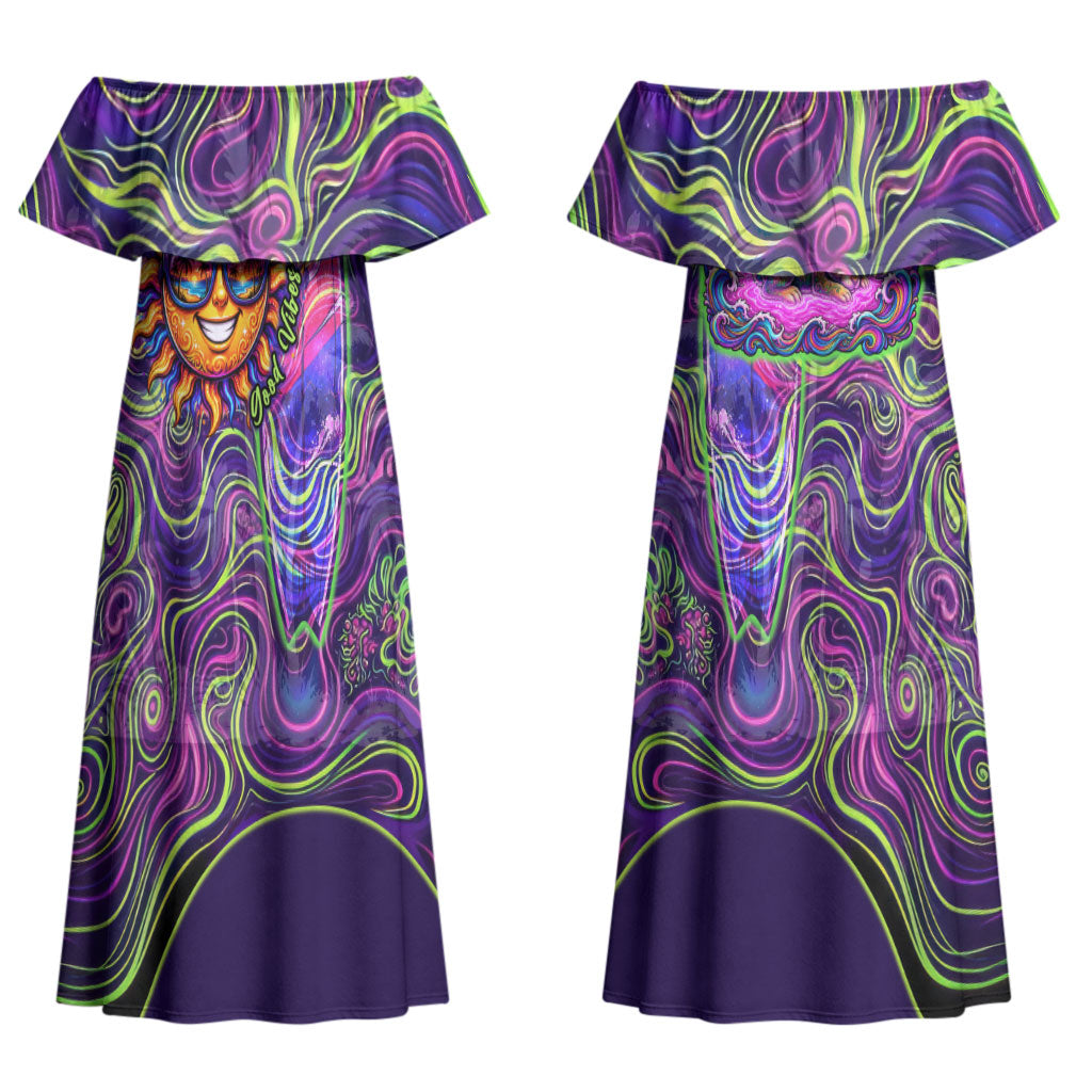 Waimanalo Hawaii Sun Rabbit Couples Matching Off Shoulder Maxi Dress and Hawaiian Shirt Psychedelic Trippy Neon Swirl Graphic