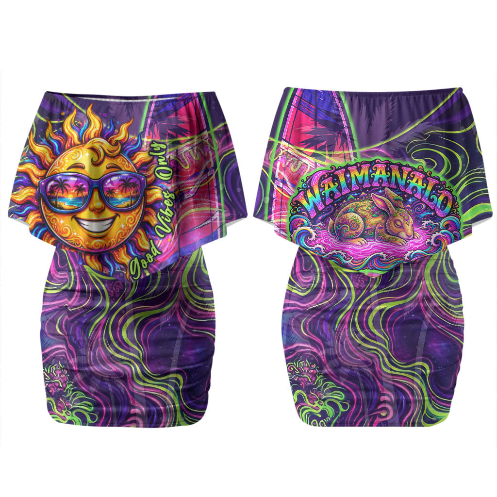 Waimanalo Hawaii Sun Rabbit Couples Matching Off Shoulder Short Dress and Hawaiian Shirt Psychedelic Trippy Neon Swirl Graphic TS04 - Polynesian Pride