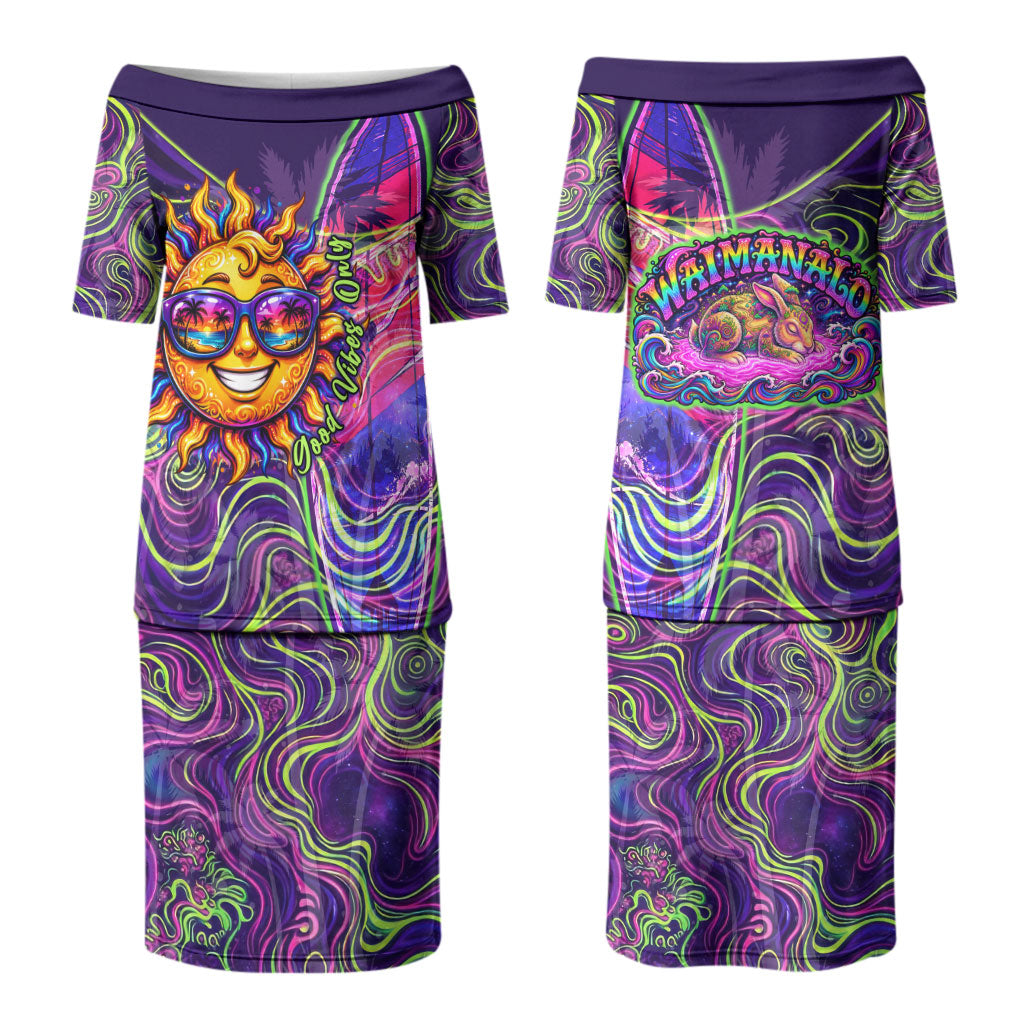 Waimanalo Hawaii Sun Rabbit Couples Matching Puletasi and Long Sleeve Button Shirt Psychedelic Trippy Neon Swirl Graphic