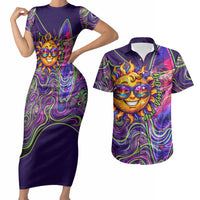 Waimanalo Hawaii Sun Rabbit Couples Matching Short Sleeve Bodycon Dress and Hawaiian Shirt Psychedelic Trippy Neon Swirl Graphic TS04 Purple Green - Polynesian Pride