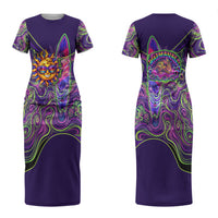 Waimanalo Hawaii Sun Rabbit Couples Matching Short Sleeve Bodycon Dress and Hawaiian Shirt Psychedelic Trippy Neon Swirl Graphic TS04 - Polynesian Pride