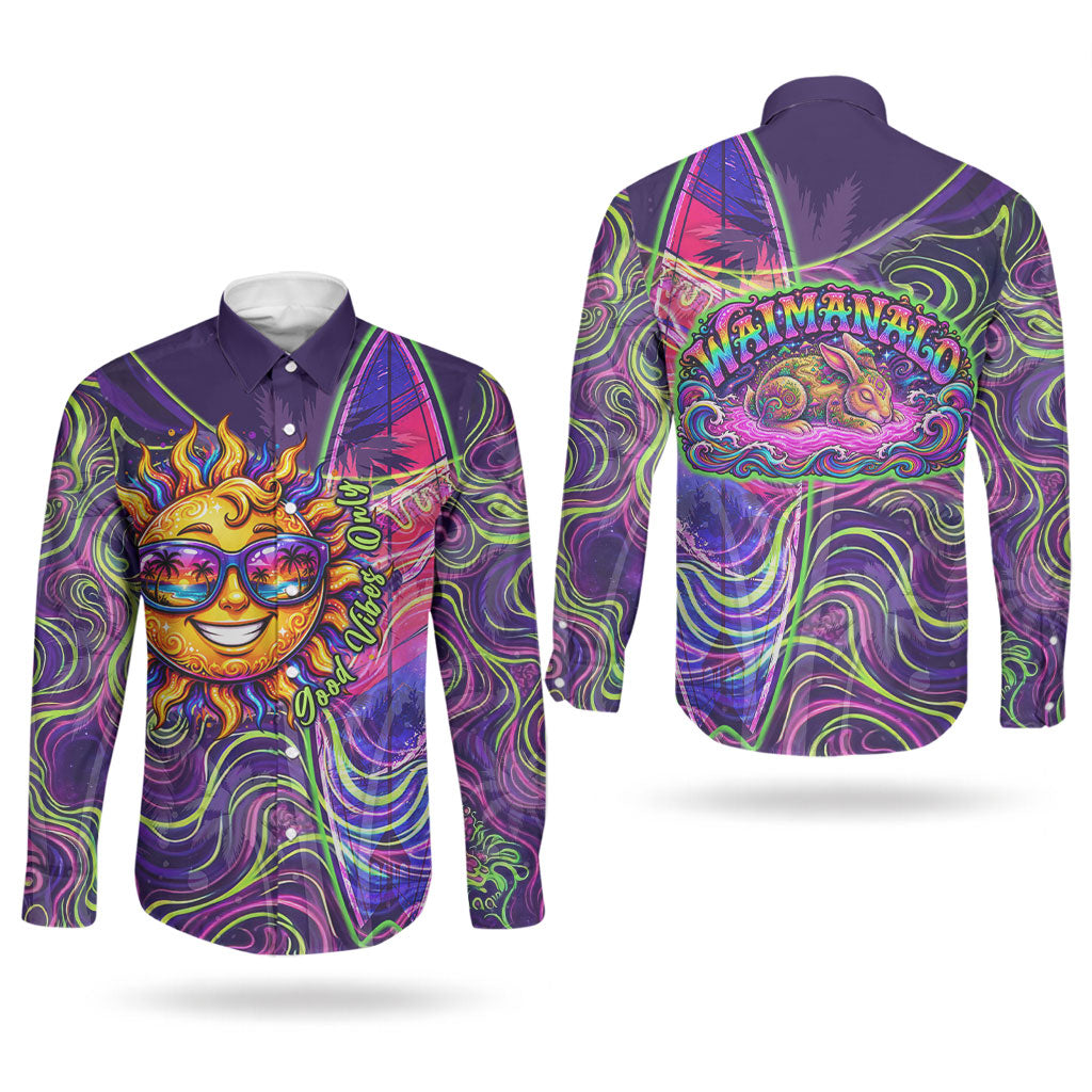 Waimanalo Hawaii Sun Rabbit Couples Matching Short Sleeve Bodycon Dress and Long Sleeve Button Shirt Psychedelic Trippy Neon Swirl Graphic TS04 - Polynesian Pride