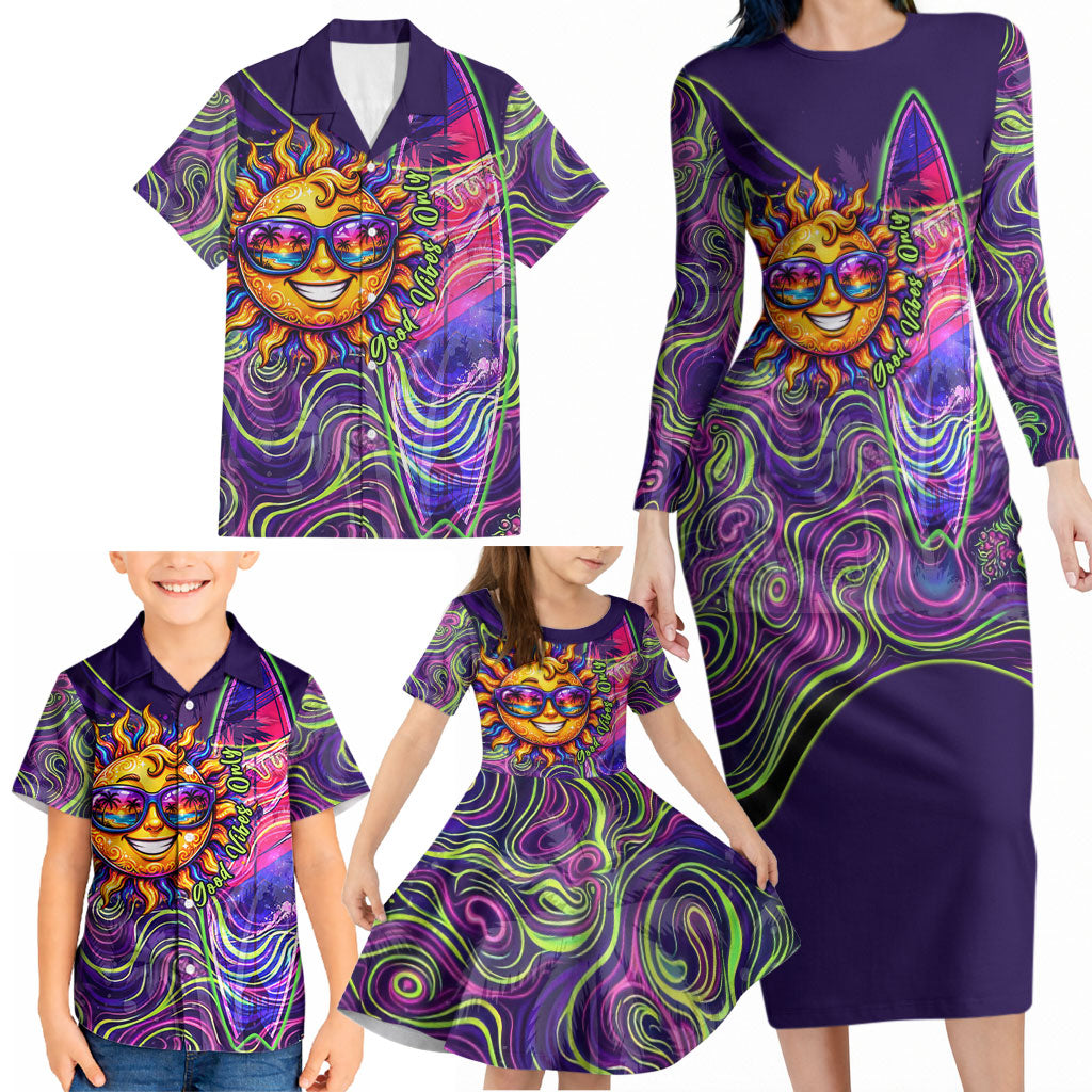 Waimanalo Hawaii Sun Rabbit Family Matching Long Sleeve Bodycon Dress and Hawaiian Shirt Psychedelic Trippy Neon Swirl Graphic TS04 - Polynesian Pride