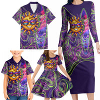 Waimanalo Hawaii Sun Rabbit Family Matching Long Sleeve Bodycon Dress and Hawaiian Shirt Psychedelic Trippy Neon Swirl Graphic TS04 - Polynesian Pride