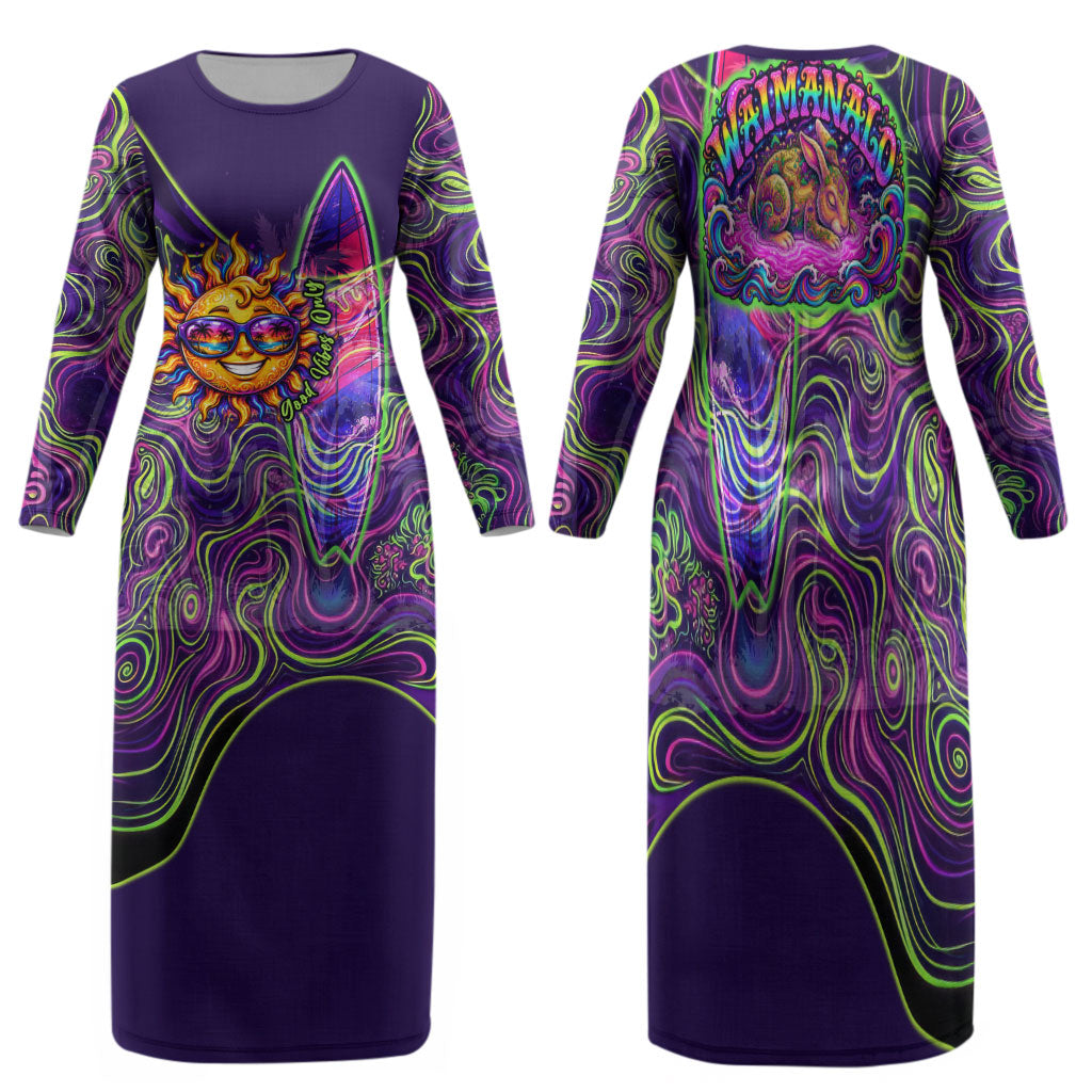 Waimanalo Hawaii Sun Rabbit Family Matching Long Sleeve Bodycon Dress and Hawaiian Shirt Psychedelic Trippy Neon Swirl Graphic TS04 Mom's Dress Purple Green - Polynesian Pride