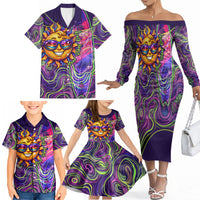 Waimanalo Hawaii Sun Rabbit Family Matching Off The Shoulder Long Sleeve Dress and Hawaiian Shirt Psychedelic Trippy Neon Swirl Graphic TS04 - Polynesian Pride