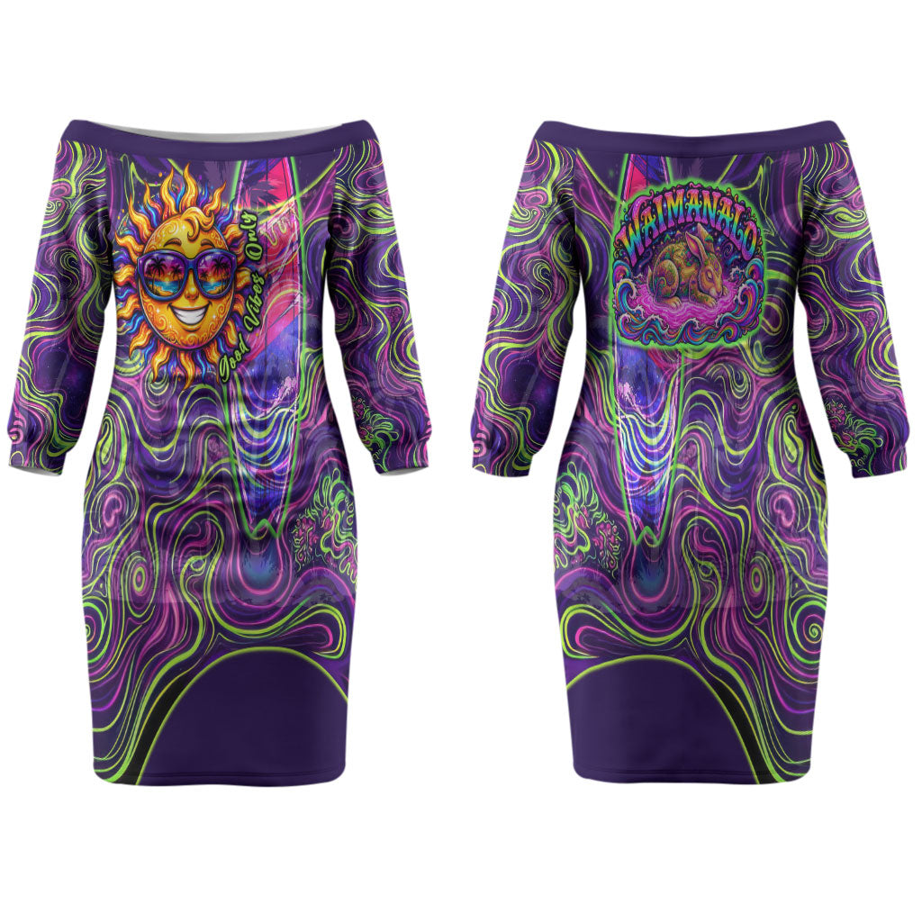 Waimanalo Hawaii Sun Rabbit Family Matching Off The Shoulder Long Sleeve Dress and Hawaiian Shirt Psychedelic Trippy Neon Swirl Graphic TS04 Mom's Dress Purple Green - Polynesian Pride