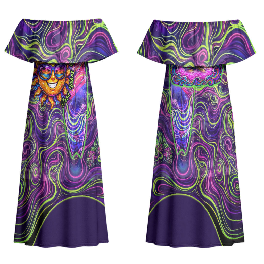 Waimanalo Hawaii Sun Rabbit Family Matching Off Shoulder Maxi Dress and Hawaiian Shirt Psychedelic Trippy Neon Swirl Graphic TS04 Mom's Dress Purple Green - Polynesian Pride