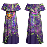 Waimanalo Hawaii Sun Rabbit Family Matching Off Shoulder Maxi Dress and Hawaiian Shirt Psychedelic Trippy Neon Swirl Graphic TS04 Mom's Dress Purple Green - Polynesian Pride