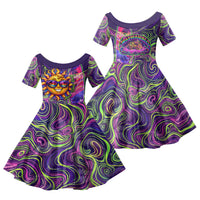 Waimanalo Hawaii Sun Rabbit Family Matching Off Shoulder Maxi Dress and Hawaiian Shirt Psychedelic Trippy Neon Swirl Graphic TS04 Daughter's Dress Purple Green - Polynesian Pride
