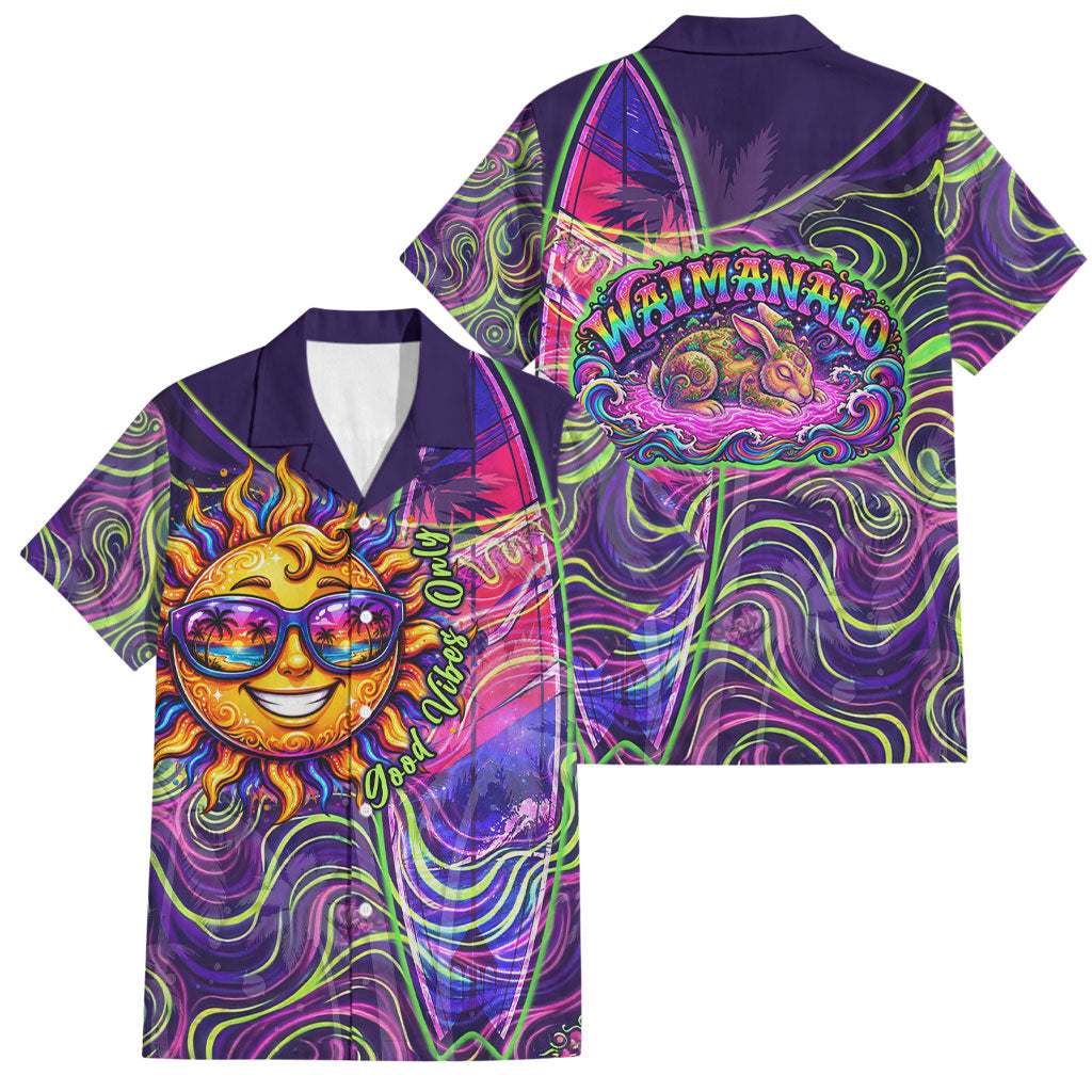Waimanalo Hawaii Sun Rabbit Family Matching Off Shoulder Short Dress and Hawaiian Shirt Psychedelic Trippy Neon Swirl Graphic TS04 Dad's Shirt - Short Sleeve Purple Green - Polynesian Pride