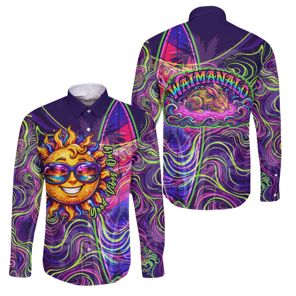 Waimanalo Hawaii Sun Rabbit Family Matching Off Shoulder Short Dress and Hawaiian Shirt Psychedelic Trippy Neon Swirl Graphic TS04 Dad's Shirt - Long Sleeve Purple Green - Polynesian Pride