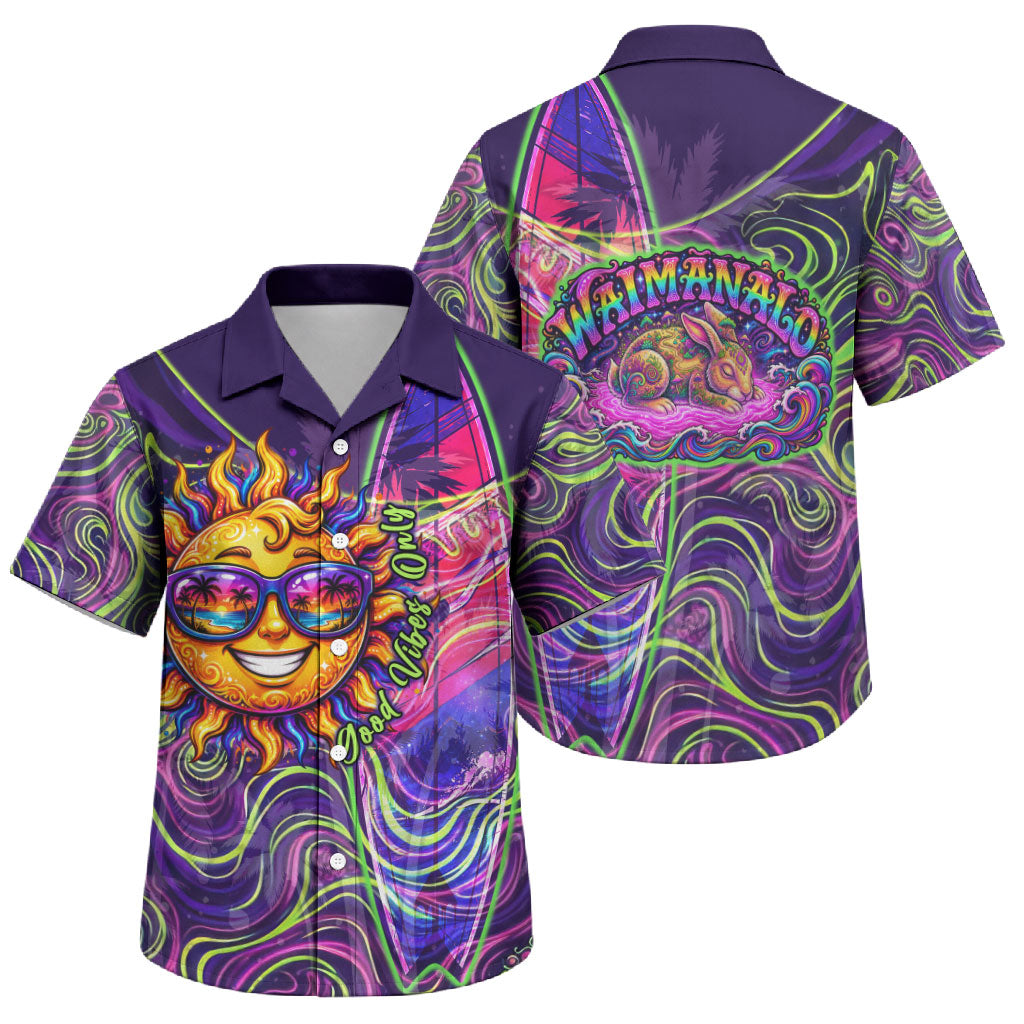 Waimanalo Hawaii Sun Rabbit Family Matching Off Shoulder Short Dress and Hawaiian Shirt Psychedelic Trippy Neon Swirl Graphic TS04 Son's Shirt Purple Green - Polynesian Pride