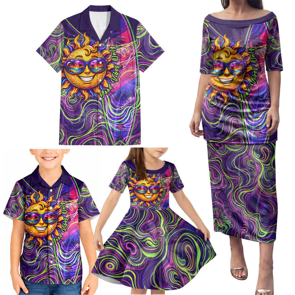 Waimanalo Hawaii Sun Rabbit Family Matching Puletasi and Hawaiian Shirt Psychedelic Trippy Neon Swirl Graphic TS04 - Polynesian Pride
