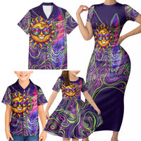 Waimanalo Hawaii Sun Rabbit Family Matching Short Sleeve Bodycon Dress and Hawaiian Shirt Psychedelic Trippy Neon Swirl Graphic TS04 - Polynesian Pride