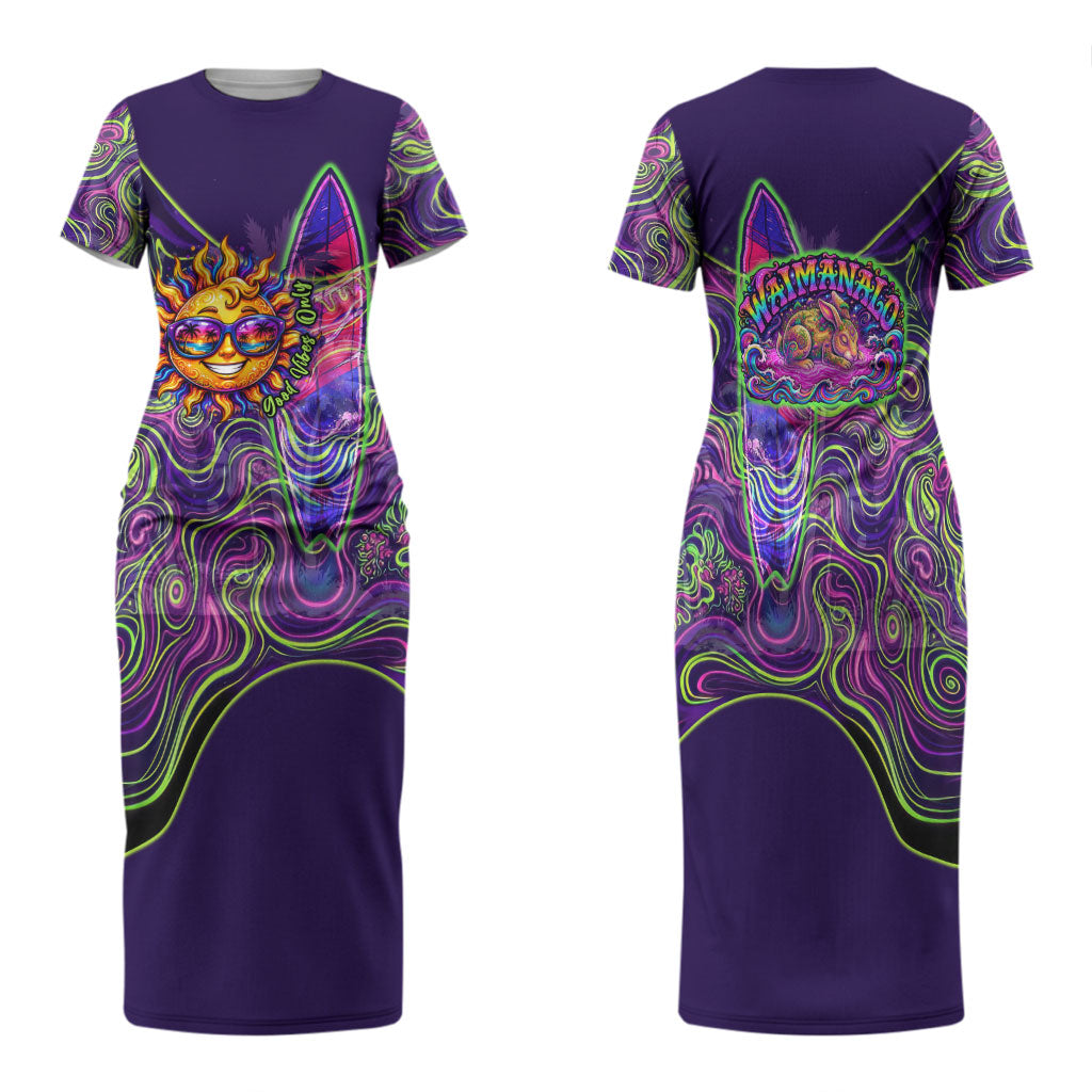 Waimanalo Hawaii Sun Rabbit Family Matching Short Sleeve Bodycon Dress and Hawaiian Shirt Psychedelic Trippy Neon Swirl Graphic TS04 Mom's Dress Purple Green - Polynesian Pride