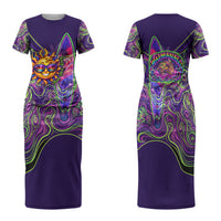 Waimanalo Hawaii Sun Rabbit Family Matching Short Sleeve Bodycon Dress and Hawaiian Shirt Psychedelic Trippy Neon Swirl Graphic TS04 Mom's Dress Purple Green - Polynesian Pride