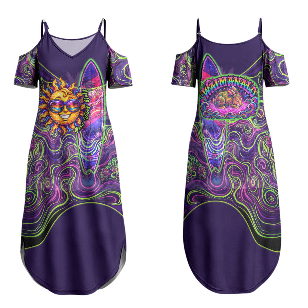 Waimanalo Hawaii Sun Rabbit Family Matching Summer Maxi Dress and Hawaiian Shirt Psychedelic Trippy Neon Swirl Graphic TS04 Mom's Dress Purple Green - Polynesian Pride
