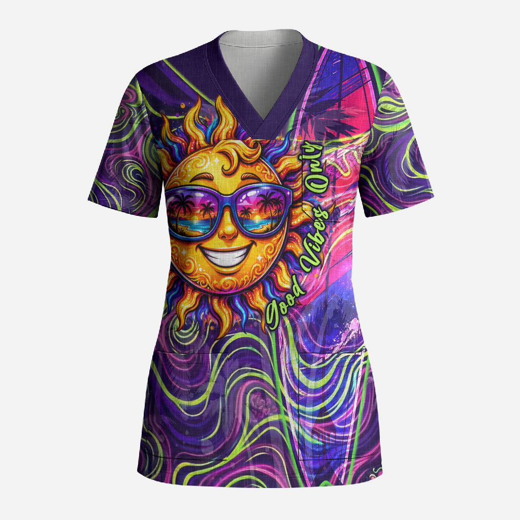 Waimanalo Hawaii Sun Rabbit Scrub Top Psychedelic Trippy Neon Swirl Graphic