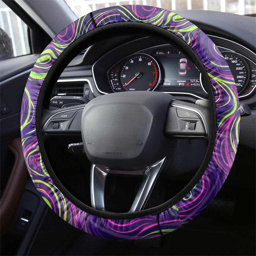 Waimanalo Hawaii Sun Rabbit Steering Wheel Cover Psychedelic Trippy Neon Swirl Graphic
