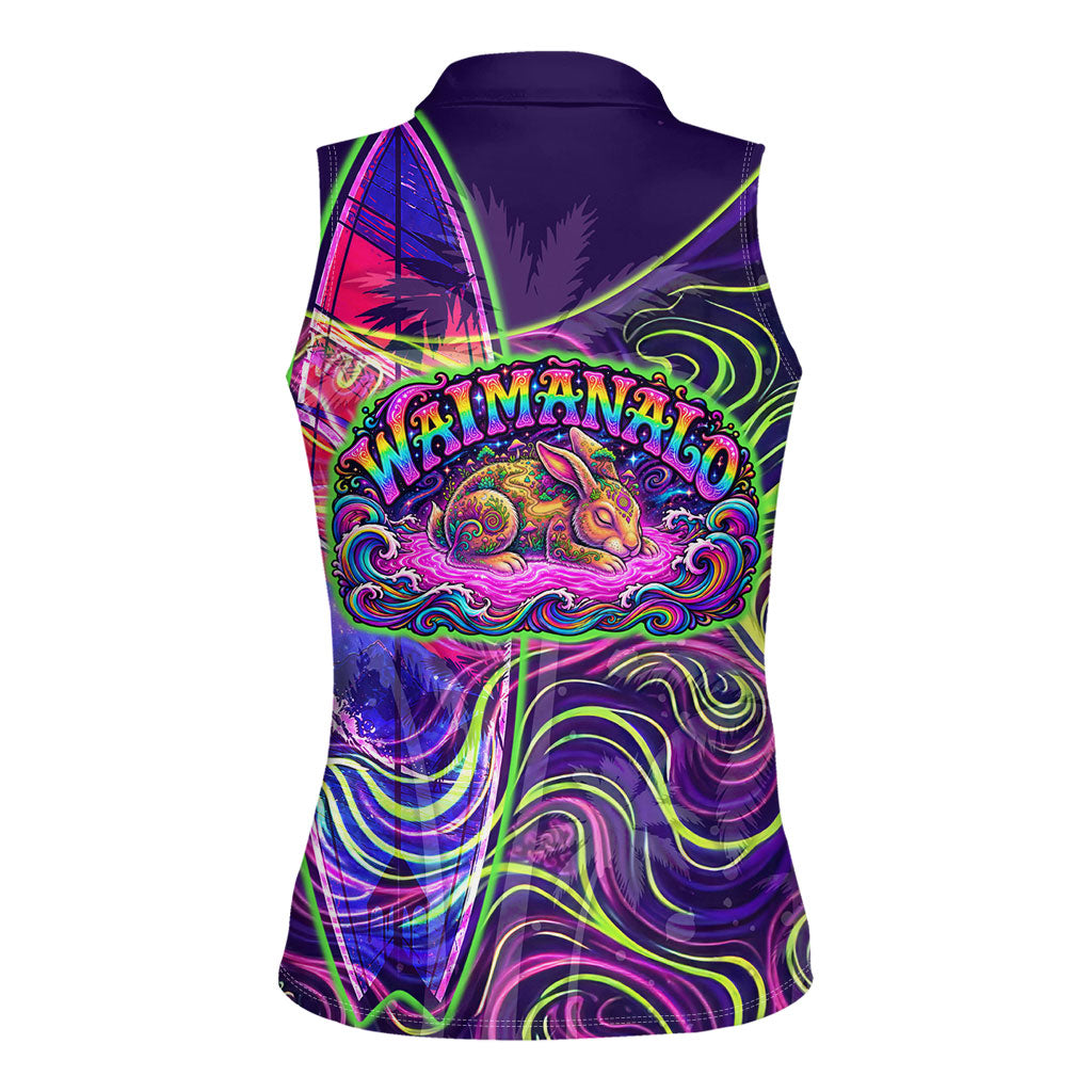 Waimanalo Hawaii Sun Rabbit Women Sleeveless Polo Shirt Psychedelic Trippy Neon Swirl Graphic