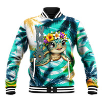 Hawaii Waimanalo Sea Turtle Baseball Jacket Cute Tropical Beach Aloha Spirit Cartoon TS04 Unisex Green Blue - Polynesian Pride