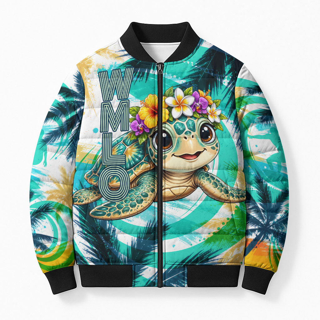 Hawaii Waimanalo Sea Turtle Bomber Puffer Jacket Cute Tropical Beach Aloha Spirit Cartoon TS04 Unisex Green Blue - Polynesian Pride
