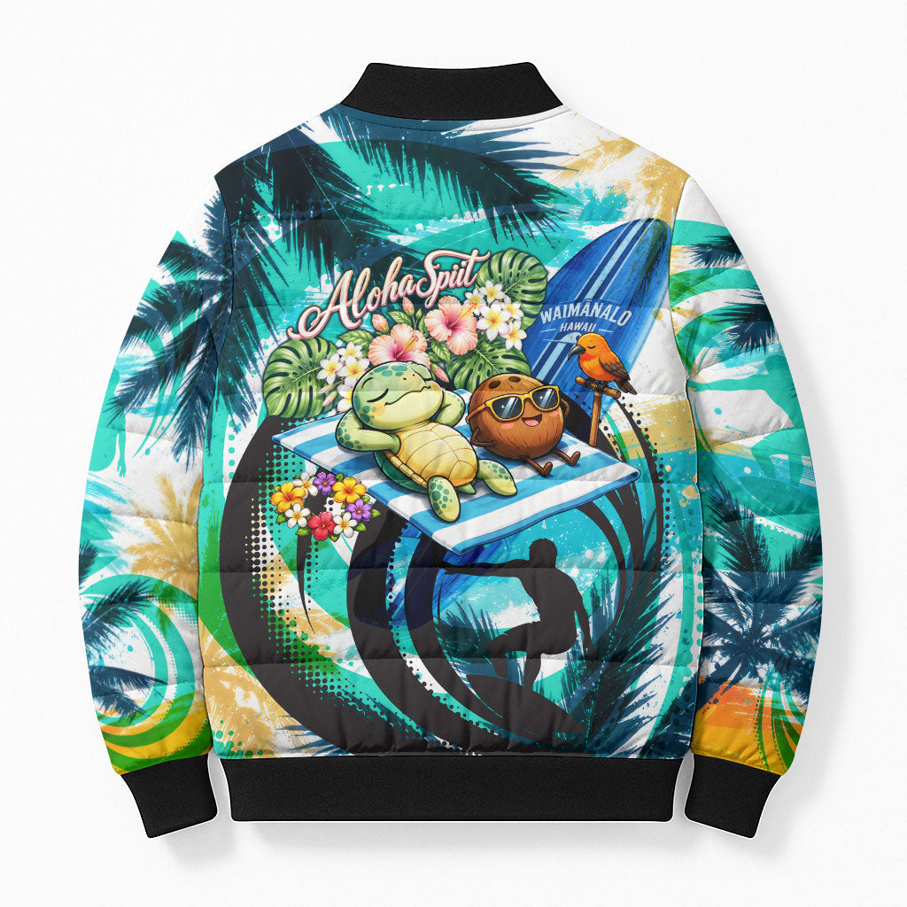 Hawaii Waimanalo Sea Turtle Bomber Puffer Jacket Cute Tropical Beach Aloha Spirit Cartoon TS04 - Polynesian Pride
