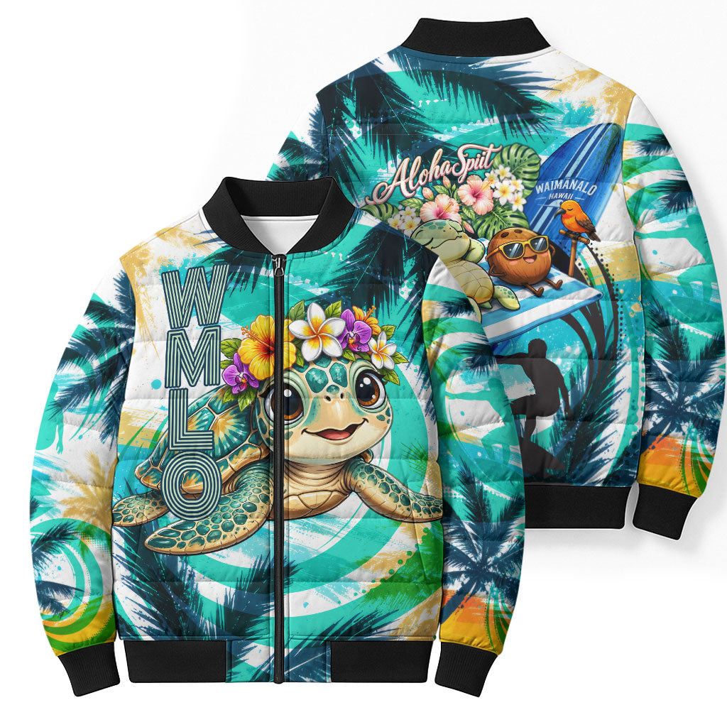 Hawaii Waimanalo Sea Turtle Bomber Puffer Jacket Cute Tropical Beach Aloha Spirit Cartoon TS04 - Polynesian Pride