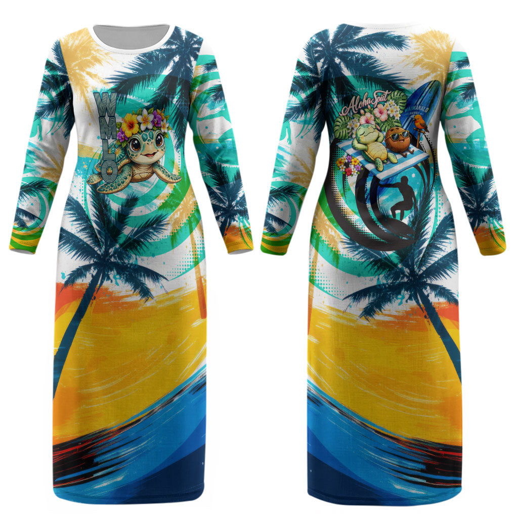 Hawaii Waimanalo Sea Turtle Couples Matching Long Sleeve Bodycon Dress and Hawaiian Shirt Cute Tropical Beach Aloha Spirit Cartoon TS04 - Polynesian Pride