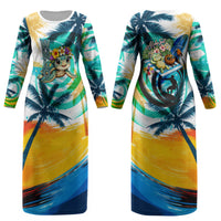 Hawaii Waimanalo Sea Turtle Couples Matching Long Sleeve Bodycon Dress and Hawaiian Shirt Cute Tropical Beach Aloha Spirit Cartoon TS04 - Polynesian Pride
