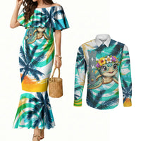 Hawaii Waimanalo Sea Turtle Couples Matching Mermaid Dress and Long Sleeve Button Shirt Cute Tropical Beach Aloha Spirit Cartoon TS04 Green Blue - Polynesian Pride
