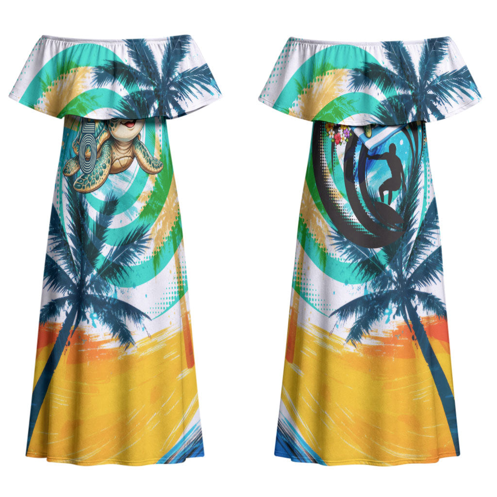 Hawaii Waimanalo Sea Turtle Couples Matching Off Shoulder Maxi Dress and Hawaiian Shirt Cute Tropical Beach Aloha Spirit Cartoon TS04 - Polynesian Pride