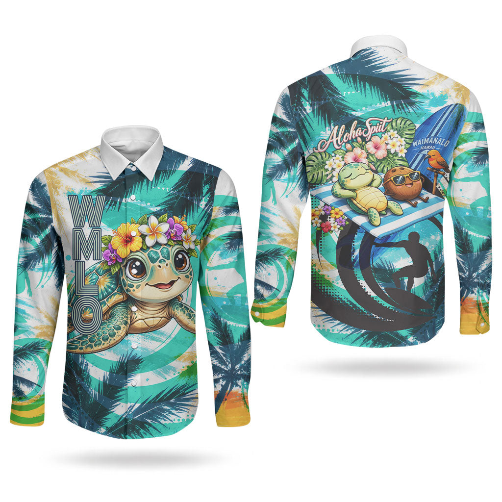 Hawaii Waimanalo Sea Turtle Couples Matching Off Shoulder Maxi Dress and Long Sleeve Button Shirt Cute Tropical Beach Aloha Spirit Cartoon TS04 - Polynesian Pride