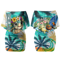 Hawaii Waimanalo Sea Turtle Couples Matching Off Shoulder Short Dress and Hawaiian Shirt Cute Tropical Beach Aloha Spirit Cartoon TS04 - Polynesian Pride