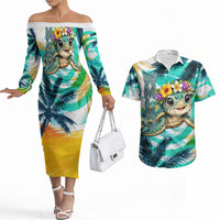 Hawaii Waimanalo Sea Turtle Couples Matching Off The Shoulder Long Sleeve Dress and Hawaiian Shirt Cute Tropical Beach Aloha Spirit Cartoon TS04 Green Blue - Polynesian Pride
