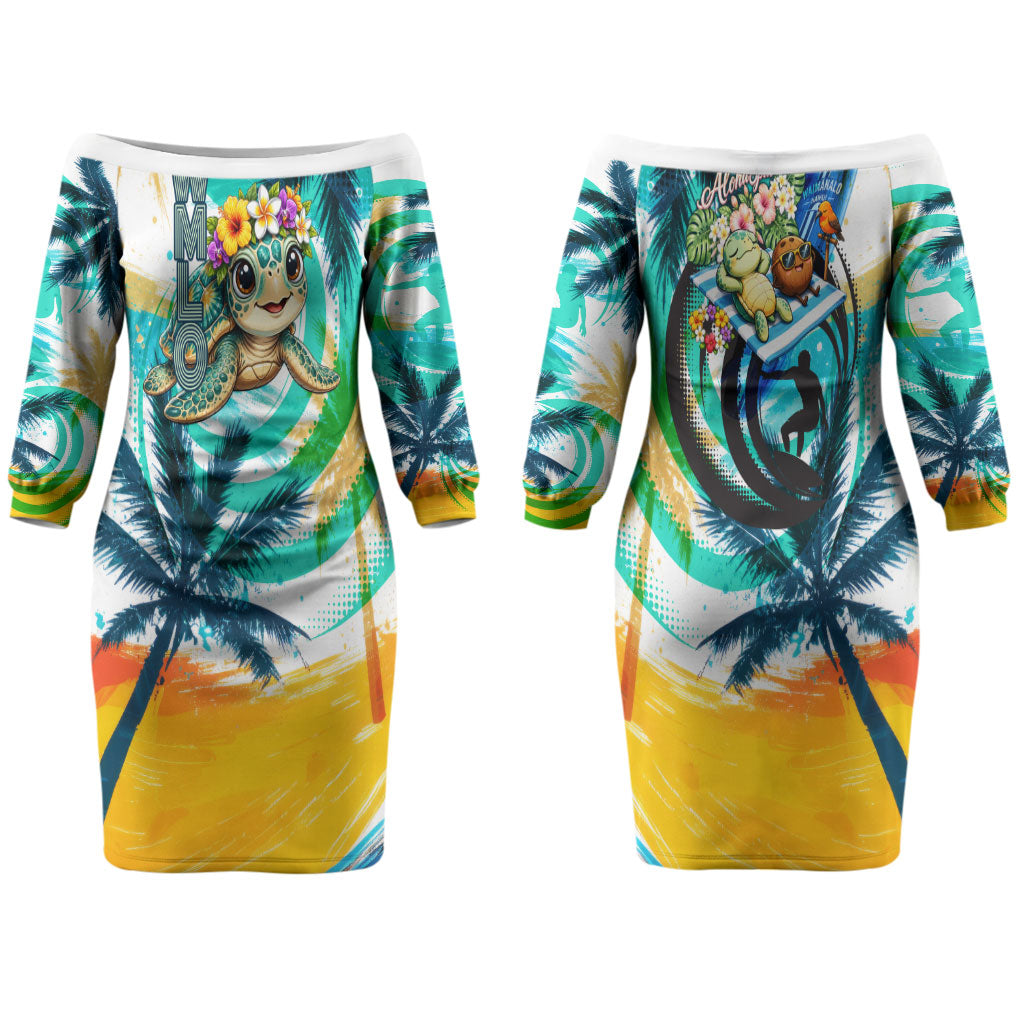 Hawaii Waimanalo Sea Turtle Couples Matching Off The Shoulder Long Sleeve Dress and Hawaiian Shirt Cute Tropical Beach Aloha Spirit Cartoon TS04 - Polynesian Pride