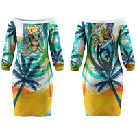Hawaii Waimanalo Sea Turtle Couples Matching Off The Shoulder Long Sleeve Dress and Hawaiian Shirt Cute Tropical Beach Aloha Spirit Cartoon TS04 - Polynesian Pride