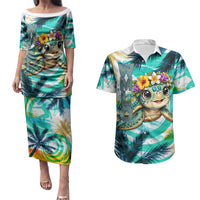 Hawaii Waimanalo Sea Turtle Couples Matching Puletasi and Hawaiian Shirt Cute Tropical Beach Aloha Spirit Cartoon TS04 Green Blue - Polynesian Pride