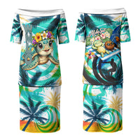 Hawaii Waimanalo Sea Turtle Couples Matching Puletasi and Long Sleeve Button Shirt Cute Tropical Beach Aloha Spirit Cartoon TS04 - Polynesian Pride