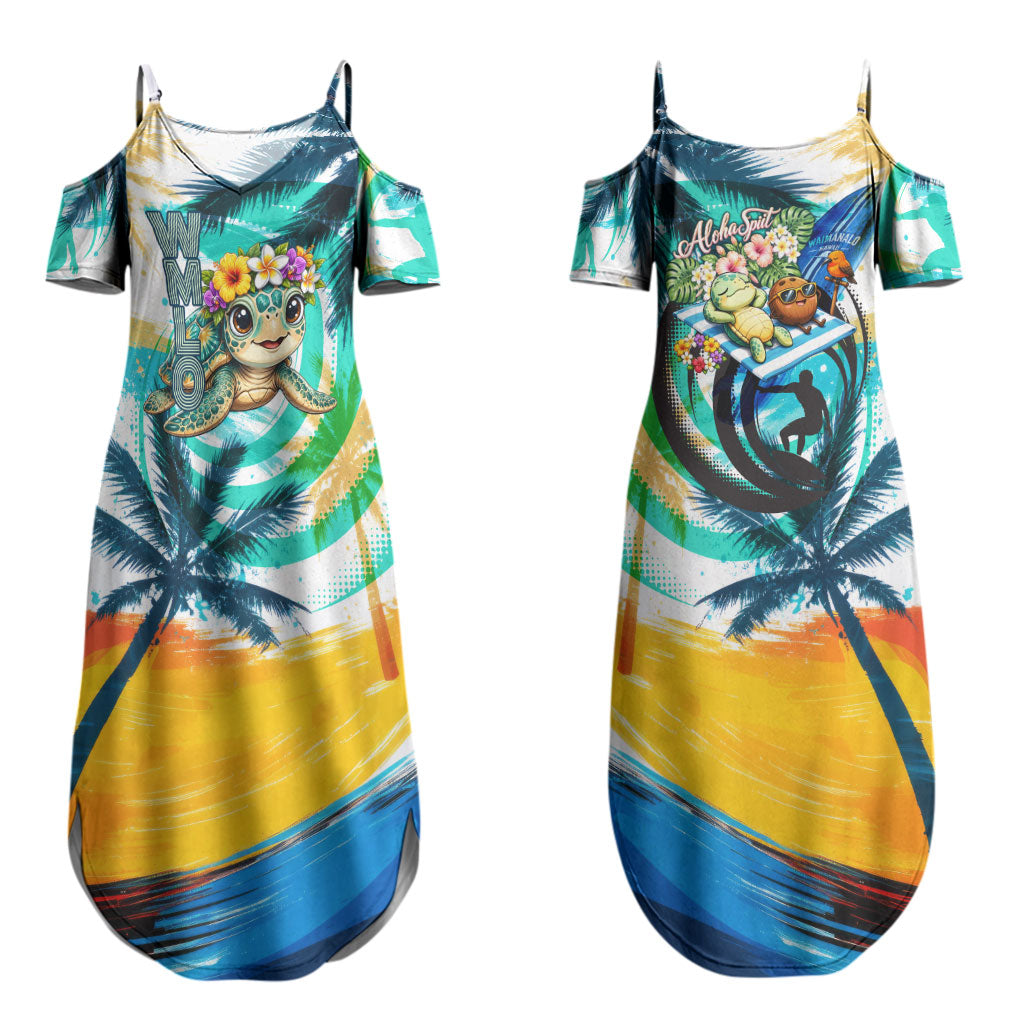 Hawaii Waimanalo Sea Turtle Couples Matching Summer Maxi Dress and Hawaiian Shirt Cute Tropical Beach Aloha Spirit Cartoon TS04 - Polynesian Pride