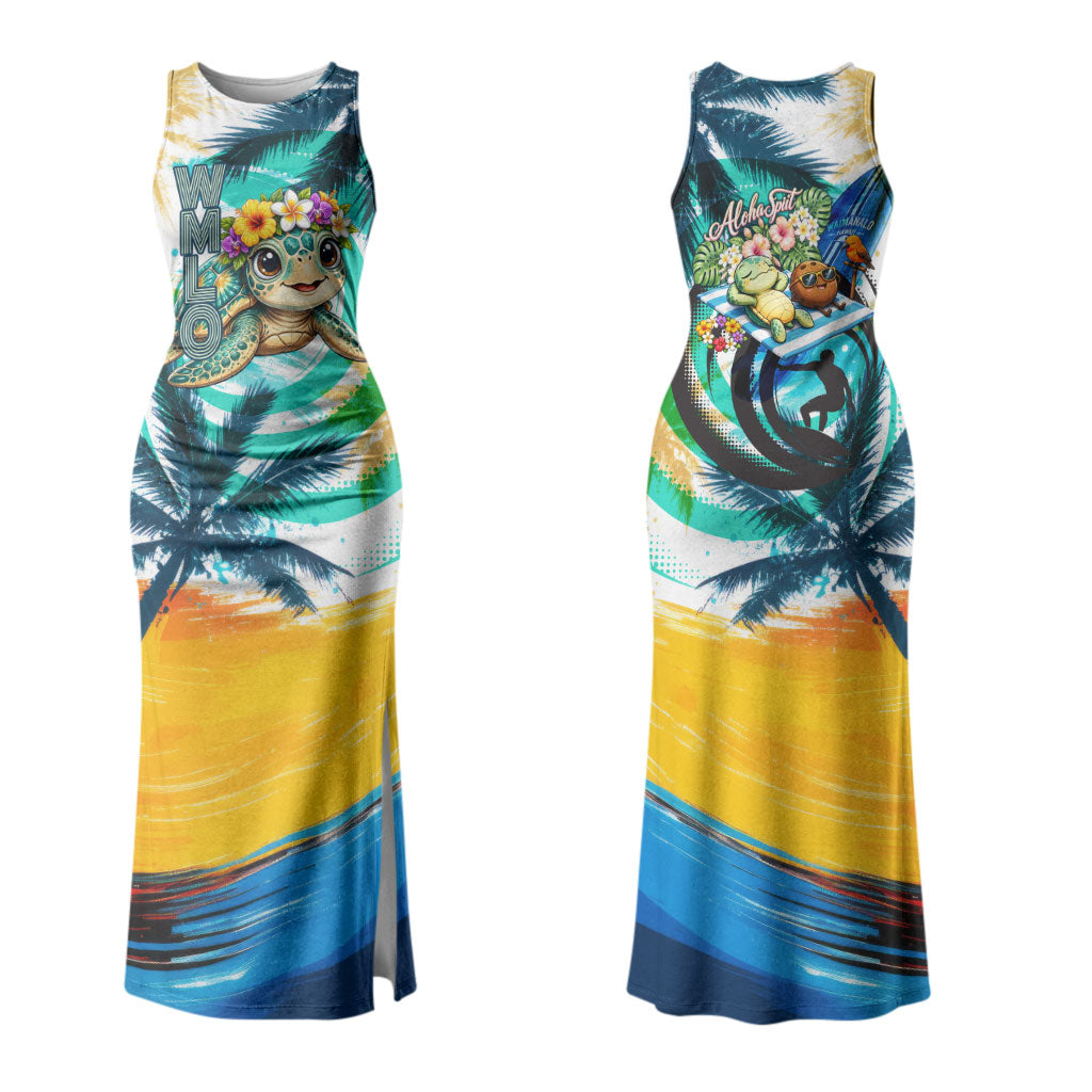 Hawaii Waimanalo Sea Turtle Couples Matching Tank Maxi Dress and Long Sleeve Button Shirt Cute Tropical Beach Aloha Spirit Cartoon TS04 - Polynesian Pride