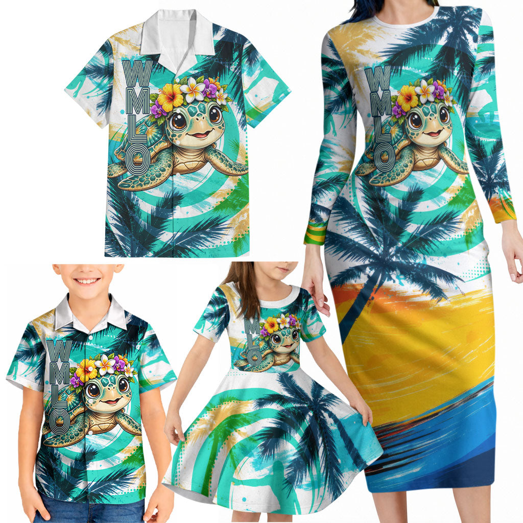 Hawaii Waimanalo Sea Turtle Family Matching Long Sleeve Bodycon Dress and Hawaiian Shirt Cute Tropical Beach Aloha Spirit Cartoon