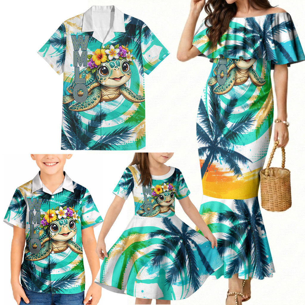 Hawaii Waimanalo Sea Turtle Family Matching Mermaid Dress and Hawaiian Shirt Cute Tropical Beach Aloha Spirit Cartoon TS04 - Polynesian Pride