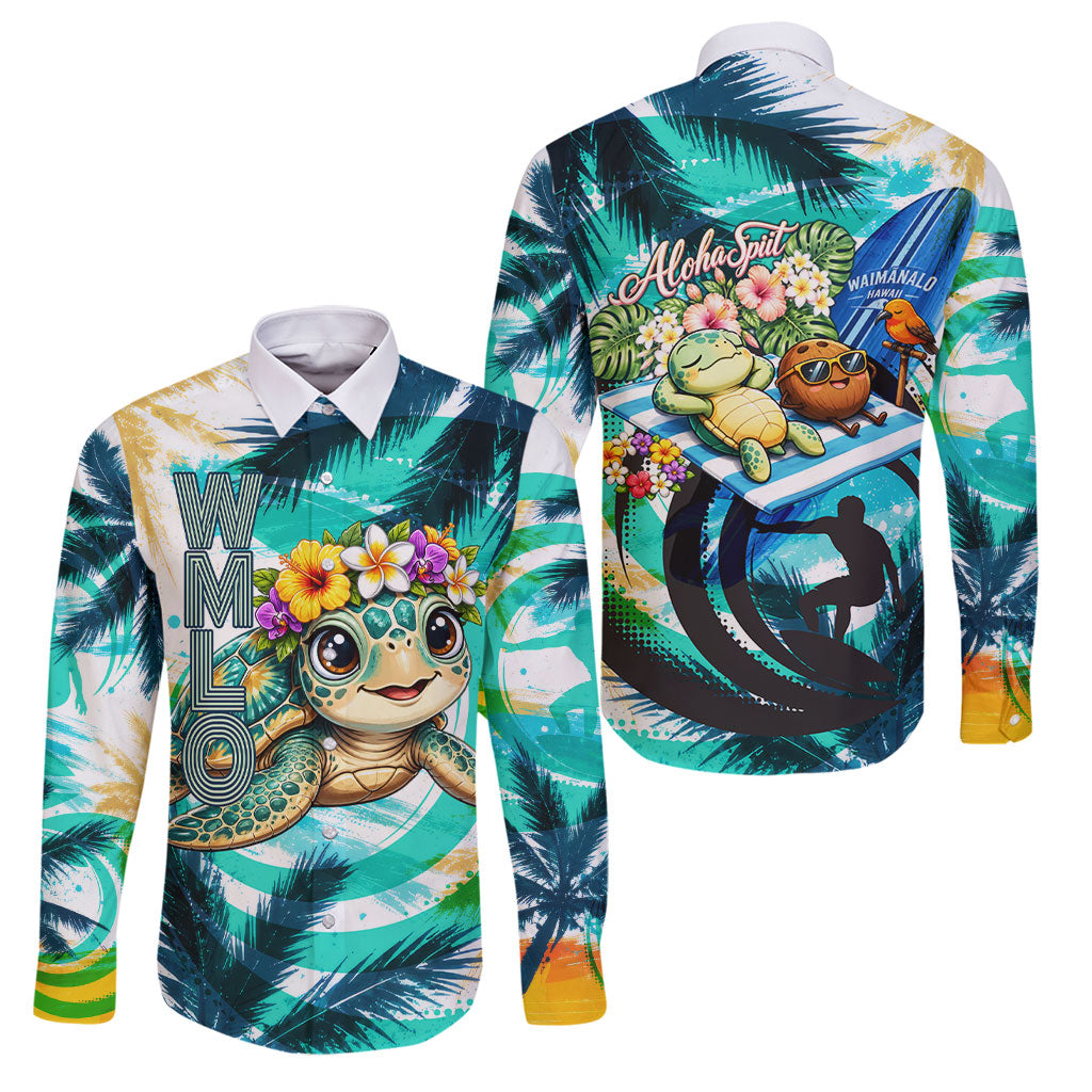 Hawaii Waimanalo Sea Turtle Family Matching Off Shoulder Maxi Dress and Hawaiian Shirt Cute Tropical Beach Aloha Spirit Cartoon TS04 Dad's Shirt - Long Sleeve Green Blue - Polynesian Pride
