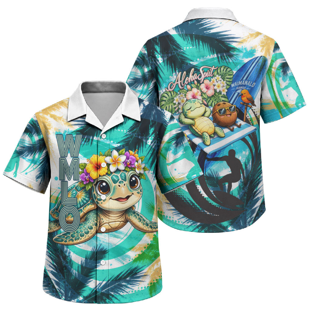 Hawaii Waimanalo Sea Turtle Family Matching Off Shoulder Maxi Dress and Hawaiian Shirt Cute Tropical Beach Aloha Spirit Cartoon TS04 Son's Shirt Green Blue - Polynesian Pride