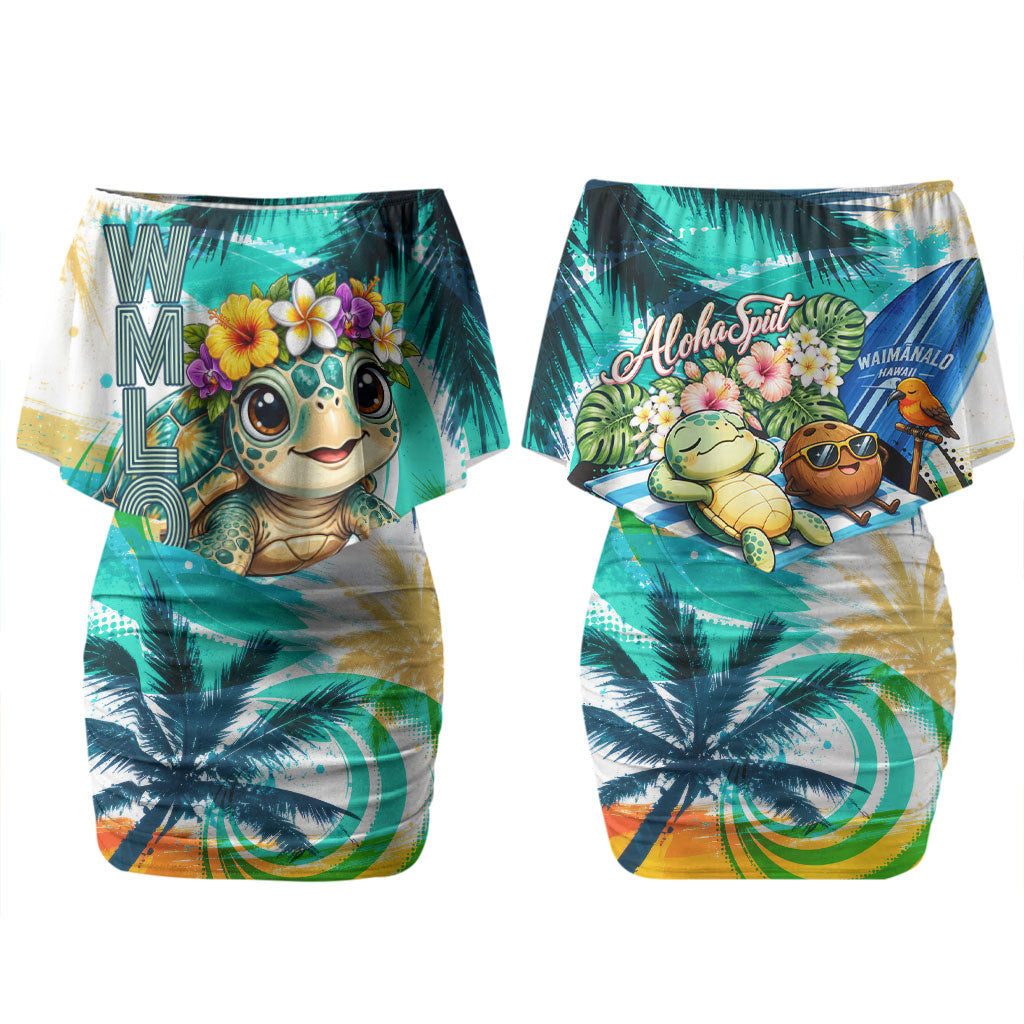 Hawaii Waimanalo Sea Turtle Family Matching Off Shoulder Short Dress and Hawaiian Shirt Cute Tropical Beach Aloha Spirit Cartoon TS04 Mom's Dress Green Blue - Polynesian Pride